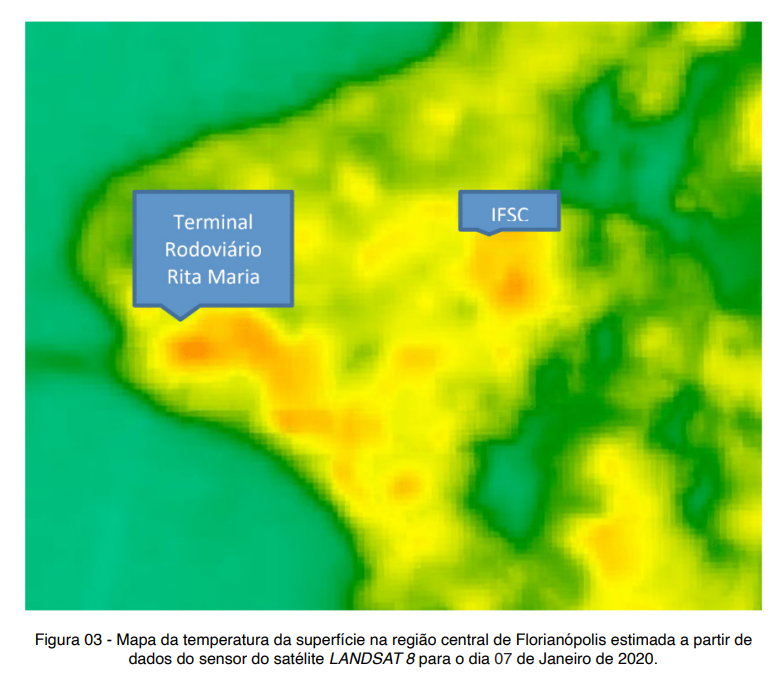 Mapa da temperatura da superf&iacute;cie na regi&atilde;o central de Florian&oacute;polis – Foto: UFSC/Reprodu&ccedil;&atilde;o/ND