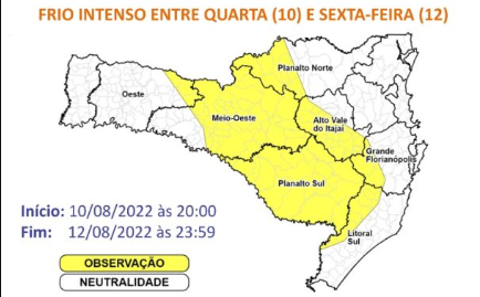 Áreas em amarelo estão em observação para o fenômeno &#8211; Foto: Defesa Civil SC/Divulgação/ND