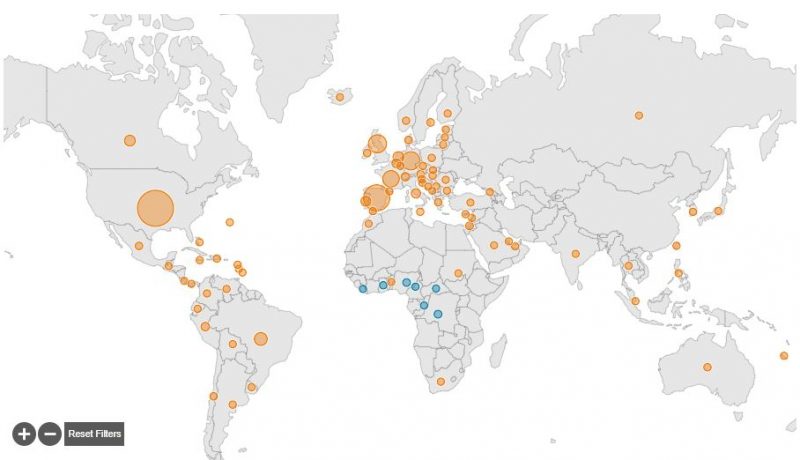 Mapa do CDC mostra pa&iacute;ses com casos da doen&ccedil;a – Foto: CDC/Reprodu&ccedil;&atilde;o/ND