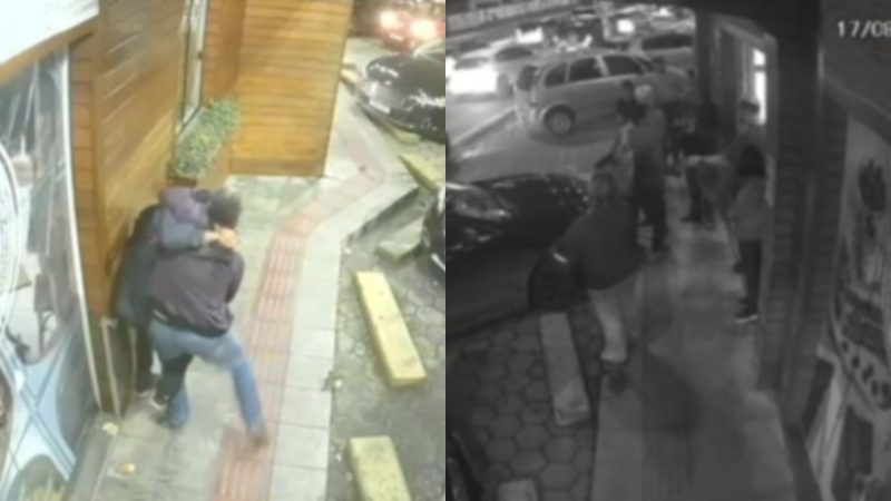 Homem em situa&ccedil;&atilde;o de rua &eacute; baleado por policial da reserva em frente &agrave; padaria em Itaja&iacute; – Foto: C&acirc;meras de seguran&ccedil;a/Reprodu&ccedil;&atilde;o/ND