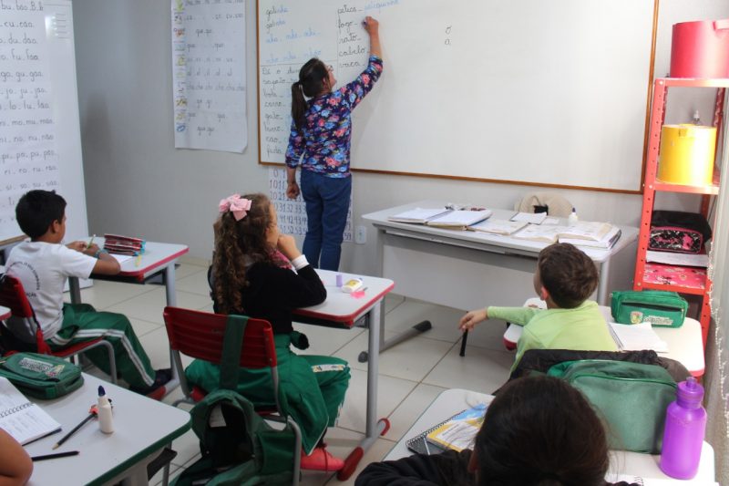 sala de aula com alunos e professora escrevendo no quadro representando o período de matrículas e rematrículas