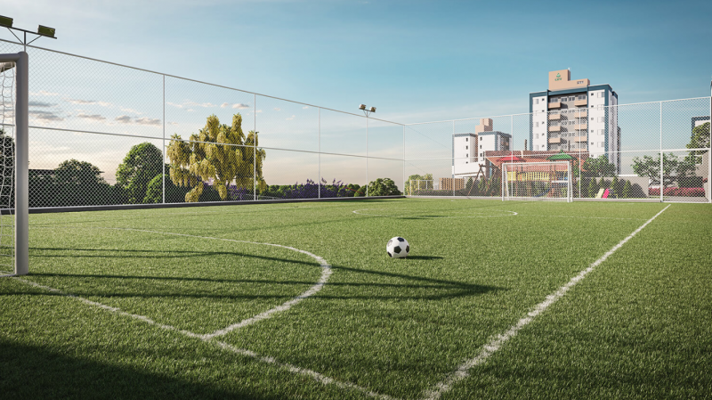 O empreendimento da Construtora LEV possui campo de futebol com arquibancada – Foto: Divulga&ccedil;&atilde;o