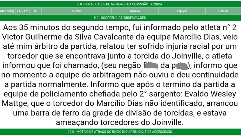 &Aacute;rbitro relatou caso em s&uacute;mula – Foto: Reprodu&ccedil;&atilde;o/FCF