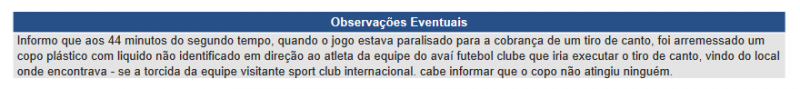 Trecho da s&uacute;mula da partida entre Ava&iacute; x Inter – Foto: CBF/Divulga&ccedil;&atilde;o