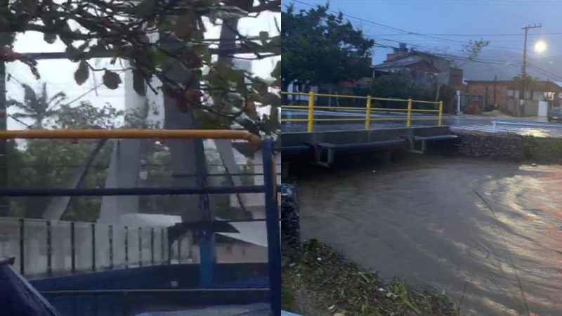 Situa&ccedil;&atilde;o na escola Dona Lili e alagamento em Balne&aacute;rio Cambori&uacute; – Foto: Reprodu&ccedil;&atilde;o e Defesa Civil Balne&aacute;rio Cambori&uacute;