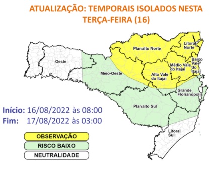 Mapa de alerta da Defesa Civil para terça-feira (16) &#8211; Foto: Defesa Civil estadual/Divulgação/ND