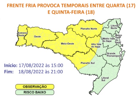 Mapa de alerta da Defesa Civil para quarta-feira (17) e quinta-feira (18) &#8211; Foto: Defesa Civil estadual/Divulgação/ND