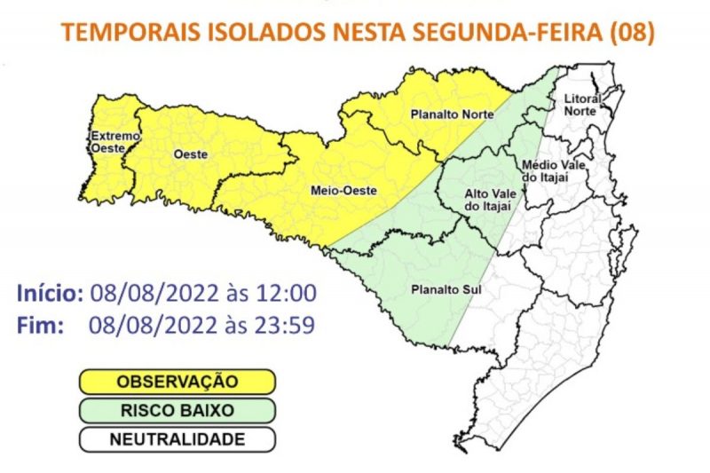 Mapa aponta regi&otilde;es com maior risco de temporais isolados em Santa Catarina nesta segunda-feira (8) – Foto: Defesa Civil