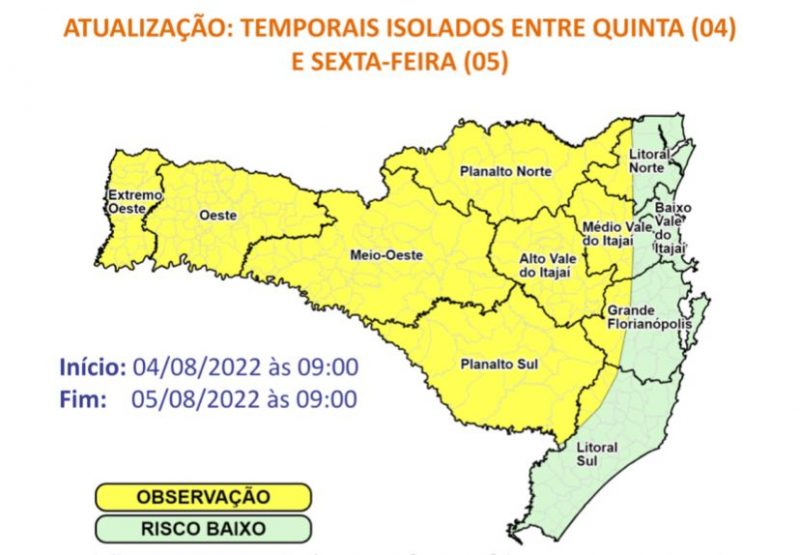 SC tem alerta para temporais nesta quinta (4) e sexta-feira (5) &#8211; Foto: Defesa Civil/Divulgação/ND
