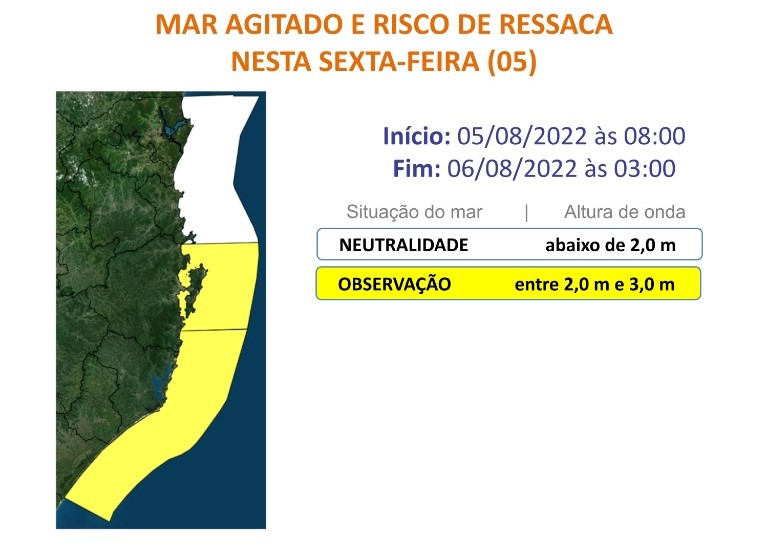 Risco moderado para ocorrências relacionadas a mar agitado e ressaca nas áreas em amarelo do mapa – Foto: Defesa Civil/Reprodução/ND
