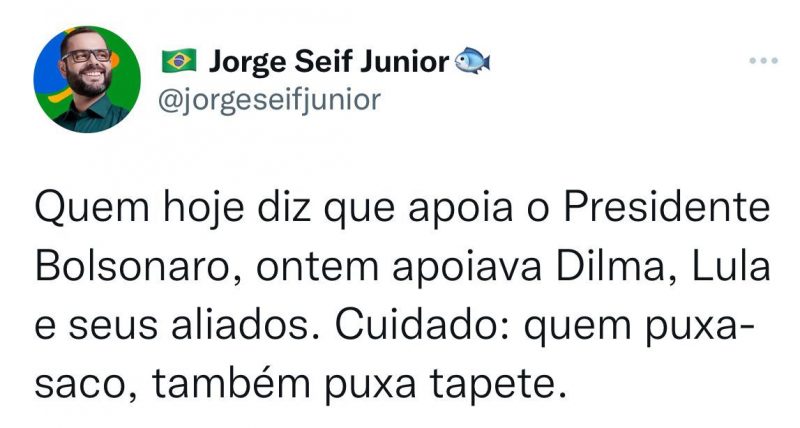 Tweet do candidato ao senado pelo PL fez lembrar que Jorginho Mello foi da base da presidente Dilma Roussef – Foto: Divulga&ccedil;&atilde;o/Redes Sociais