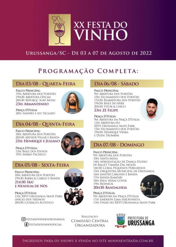 Programa&ccedil;&atilde;o Festa do Vinho em Urussanga – Foto: Prefeitura de Urussanga/Divulga&ccedil;&atilde;o/ND