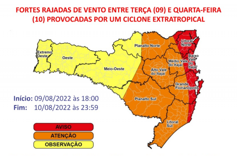 Rajadas de vento podem passar de 100 km/h nas &aacute;reas em vermelho – Foto: Defesa Civil