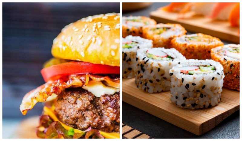 hamb&uacute;rguer artesanal x sushi – Foto: Montagem sobre fotos Divulga&ccedil;&atilde;o / ND