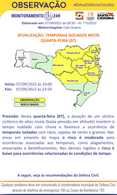 Regi&otilde;es em amarelo do mapa est&atilde;o em alerta, informa a Defesa Civil – Foto: Defesa Civil
