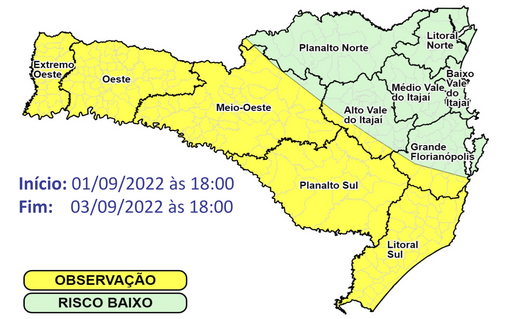 &Aacute;reas em amarelo est&atilde;o em observa&ccedil;&atilde;o para o risco de temporais – Foto: Defesa Civil de SC/Divulga&ccedil;&atilde;o/ND