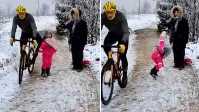 Momento em que o ciclista se aproxima por tr&aacute;s da menina e aparentemente empurra com o joelho. – Foto: Twitter/Divulga&ccedil;&atilde;o/ND