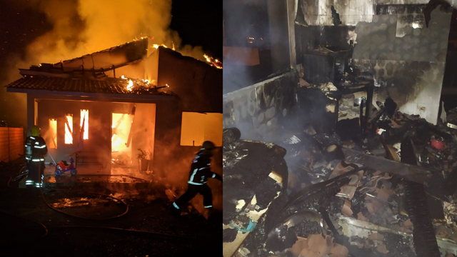 Ao chegar no local, as guarni&ccedil;&otilde;es encontraram o inc&ecirc;ndio j&aacute; em fase de desenvolvimento completo e todos os moradores j&aacute; estavam fora da casa. – Foto: Corpo de Bombeiros/ND