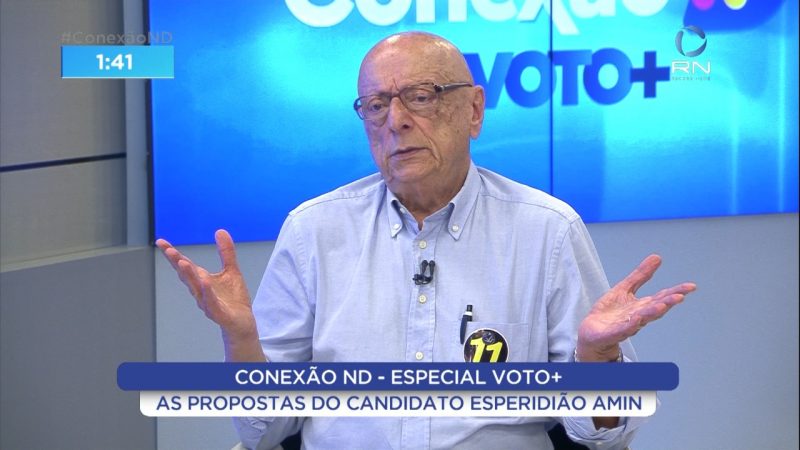 Luan Vosnhak e Moacir Pereira entrevistam Esperidi&atilde;o Amin no Conex&atilde;o ND – Foto: Divulga&ccedil;&atilde;o/Conex&atilde;o ND/ND