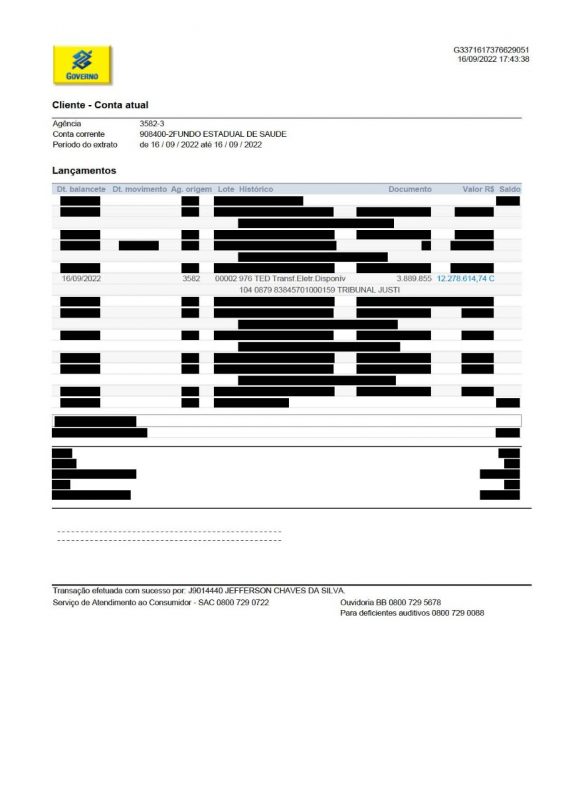 Extrato da conta do Fundo Estadual de Sa&uacute;de comprova transfer&ecirc;ncia de mais de R$ 12,2 milh&otilde;es. Valor j&aacute; est&aacute; dispon&iacute;vel para utiliza&ccedil;&atilde;o pelo Estado – Foto: PGE/SC/Divulga&ccedil;&atilde;o/ND
