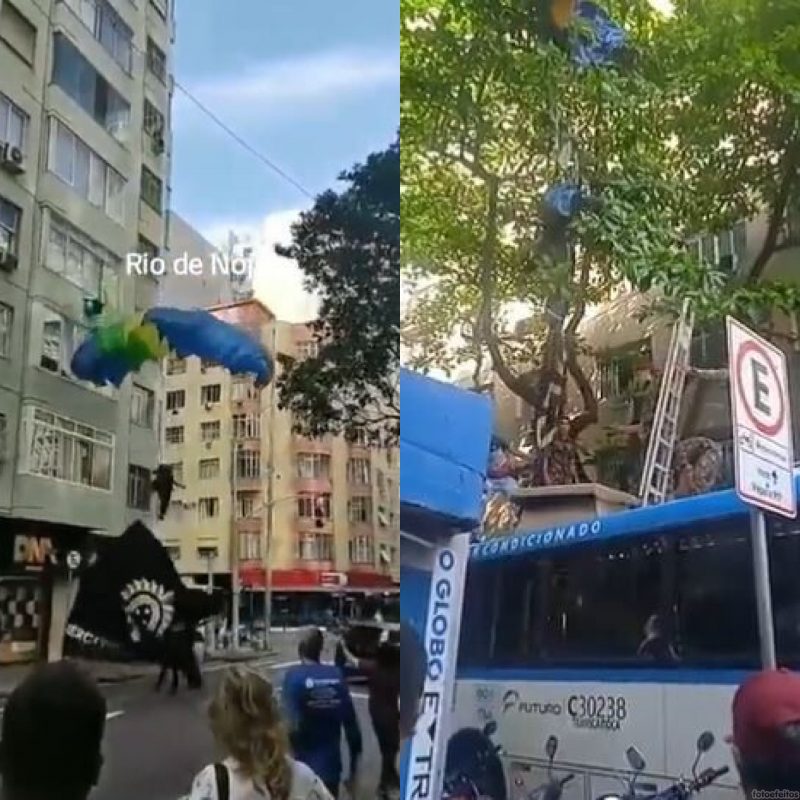 Paraquedistas ficaram feridos ap&oacute;s queda durante treinamento para apresenta&ccedil;&atilde;o no Rio de Janeiro – Foto: @ronaldogcorreia/@aeciodepapelao/Reprodu&ccedil;&atilde;o/ND