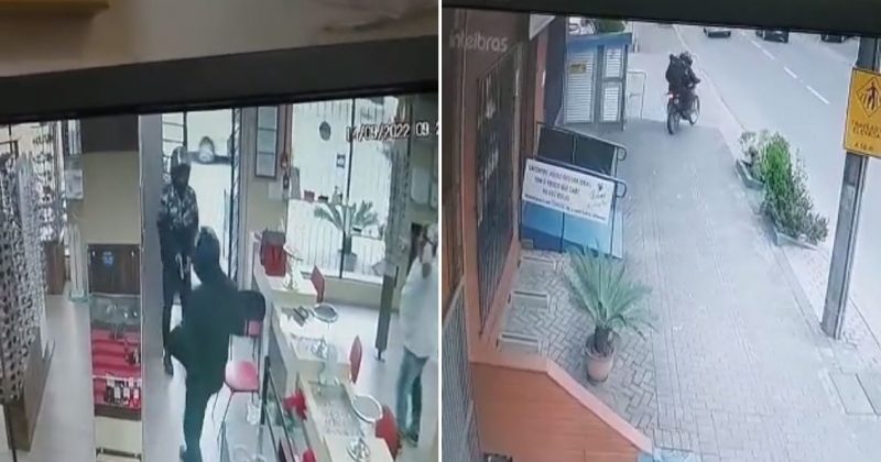 C&acirc;meras flagram a&ccedil;&atilde;o violenta de bandidos armados em relojoaria de Timb&oacute; – Foto: Reprodu&ccedil;&atilde;o/ND