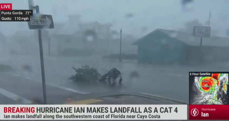 Rep&oacute;rter cai ao vivo ap&oacute;s ser atingido por galho de &aacute;rvore durante cobertura sobre o furac&atilde;o Ian – Foto: Reprodu&ccedil;&atilde;o/ND