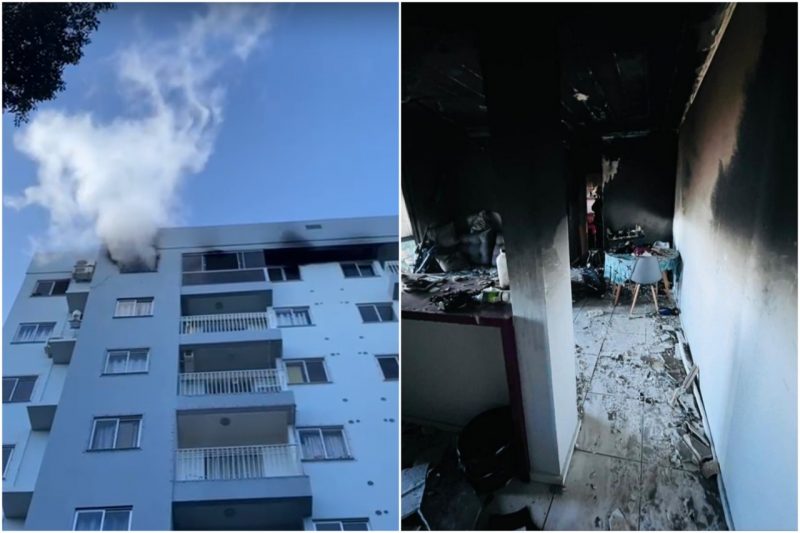 Os bombeiros informaram que o fogo causou rachaduras nas paredes, fator que motivou a evacua&ccedil;&atilde;o dos moradores. – Foto: Anderson Rodrigo/R&aacute;dio Cond&aacute; FM/ND