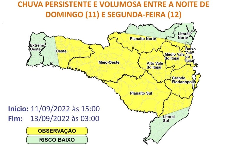 Mapa da Defesa Civil alerta para chuva persistente e volumosa &#8211; Foto: Defesa Civil SC/Divulgação/ND