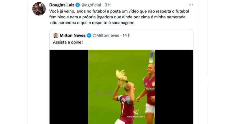 Post machista de Milton Neves envolveu jogadora e custou uma invertida de Douglas Luiz – Foto: Reprodu&ccedil;&atilde;o