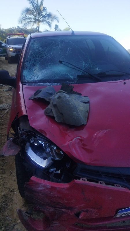 Carro aparece amassado ap&oacute;s o impacto – Foto: Divulga&ccedil;&atilde;o
