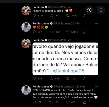 Paulinho e Reinier discutiram sobre as elei&ccedil;&otilde;es – Foto: Reprodu&ccedil;&atilde;o Twitter
