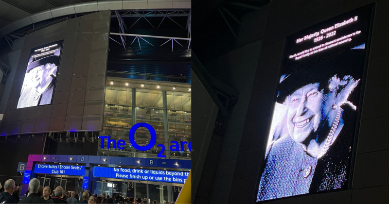 The O2 Arena, em Londres, comuniza morte de rainha Elizabeth II nesta quinta-feira (8) – Foto: Montagem/Bruna Ferreira/Arquivo pessoal/ND