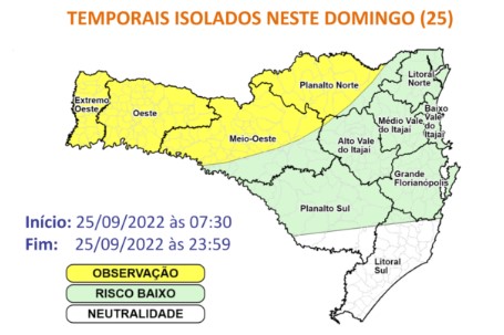 &Aacute;reas em amarelo tem risco moderado para ocorr&ecirc;ncias relacionadas aos temporais; j&aacute; na &aacute;rea em verde o risco &eacute; considerado baixo – Foto: Defesa Civil/Divulga&ccedil;&atilde;o/ND