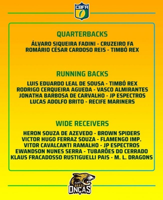 Quartebacks, Running backs e Wide receivers da sele&ccedil;&atilde;o – Foto: Divulga&ccedil;&atilde;o/CBFA