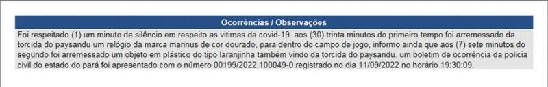 Trecho da s&uacute;mula da partida entre Paysandu x Figueirense – Foto: CBF/Reprodu&ccedil;&atilde;o