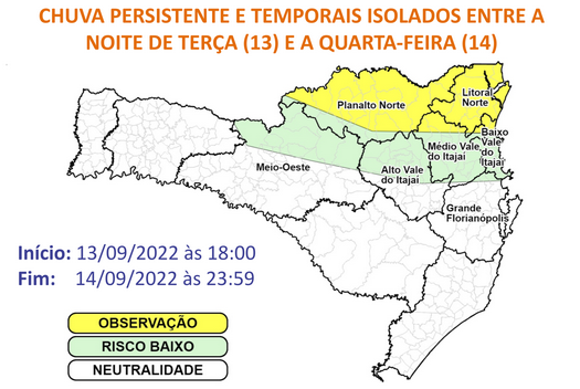 Regi&atilde;o em amarelo est&aacute; em observa&ccedil;&atilde;o para os fen&ocirc;menos – Foto: Defesa Civil/Divulga&ccedil;&atilde;o/ND