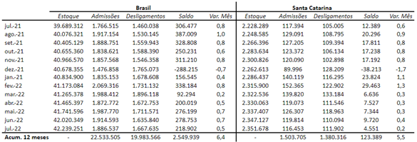 Tabela mostra evolu&ccedil;&atilde;o mensal de estoque, admiss&otilde;es, desligamentos, saldo e varia&ccedil;&atilde;o percentual no Brasil e Santa Catarina desde o ano passado – Foto: Novo CAGED/NECAT/UFSC