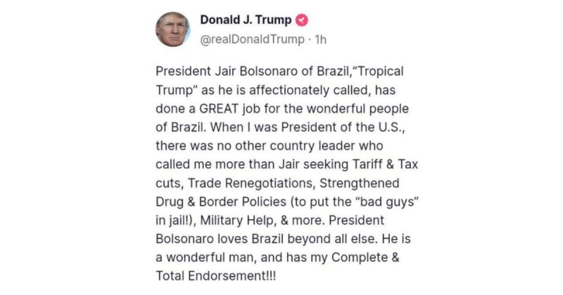 Trump manifestou seu apoio a Bolsonaro, a quem chamou de Trumpical, ou Trump Tropical – Foto: Reprodu&ccedil;&atilde;o