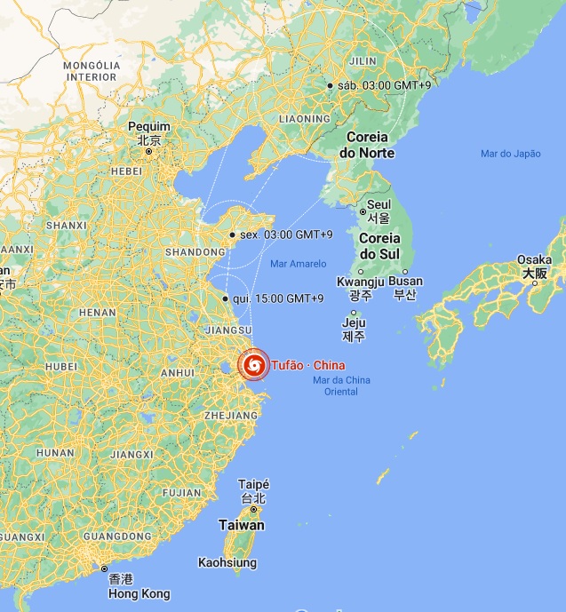 Tuf&atilde;o Muifa provoca tempestades e chuvas fortes ao longo da costa leste da China – Foto: Reprodu&ccedil;&atilde;o/Google Maps/ND