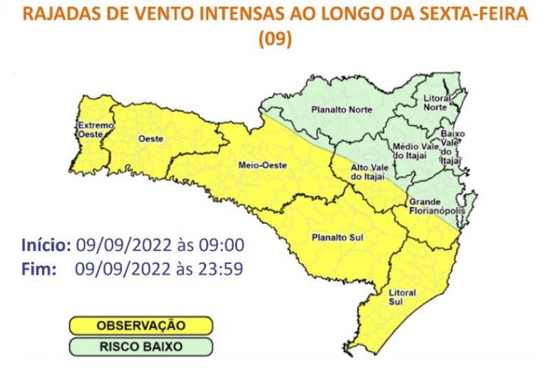 Regiões em amarelo ficam em &#8220;observação&#8221; para ocorrências ocasionadas pelas rajadas de vento &#8211; Foto: DCSC/Divulgação/ND
