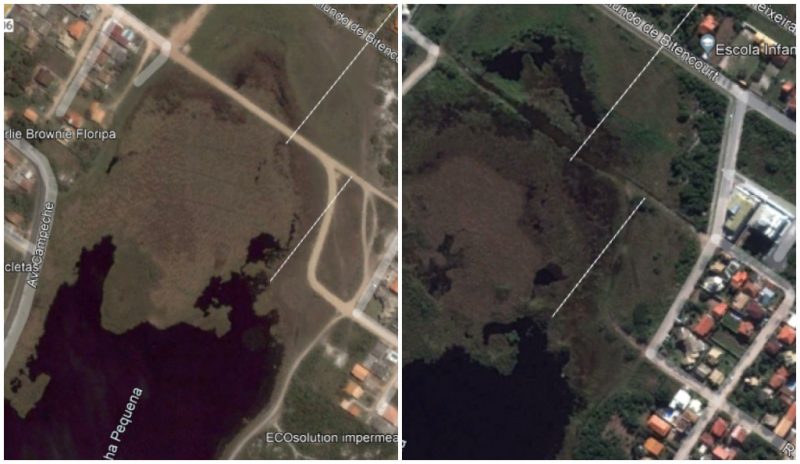 Antes e depois da rua clandestina em imagens de sat&eacute;lite de 2009 e 2011, ap&oacute;s demoli&ccedil;&atilde;o determinada pela Justi&ccedil;a – Foto: Google Maps/Reprodu&ccedil;&atilde;o/ND