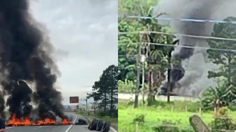 Pneus em chamas s&atilde;o usados para bloquear BR-470 em Navegantes; veja situa&ccedil;&atilde;o – Foto: Reprodu&ccedil;&atilde;o/Internet/ND