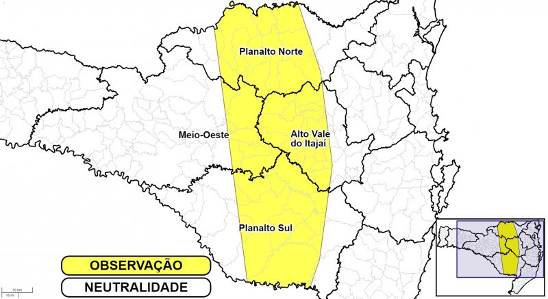 A regi&atilde;o em amarelo no mapa est&aacute; em alerta para os fen&ocirc;menos – Foto: Defesa Civil/Divulga&ccedil;&atilde;o/ND
