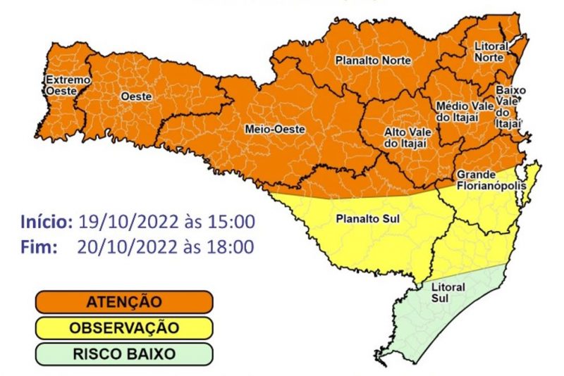 &Aacute;reas em laranja t&ecirc;m chance alta de ocorr&ecirc;ncias geradas pelos temporais – Foto: DCSC/Divulga&ccedil;&atilde;o/ND