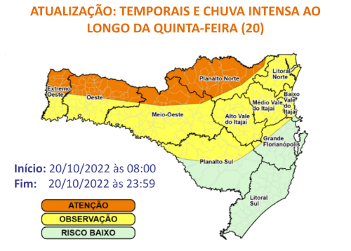 O alerta da Defesa Civil teve in&iacute;cio &agrave;s 8h e &eacute; v&aacute;lido at&eacute; &agrave;s 23h59 desta quinta (20) &mdash; Foto: DCSC/Reprodu&ccedil;&atilde;o/ND