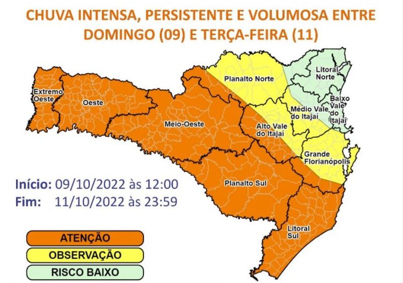 Regiões de SC com alerta de ocorrências em decorrência da chuva a partir de domingo &#8211; Foto: DCSC/Divulgação/ND