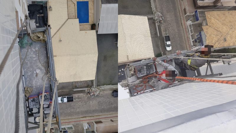 Trabalhadores vivem momentos de terror ao ficarem pendurados a 40 metros de altura em andaime em SC – Foto: Corpo de Bombeiros Militar/Divulga&ccedil;&atilde;o/ND