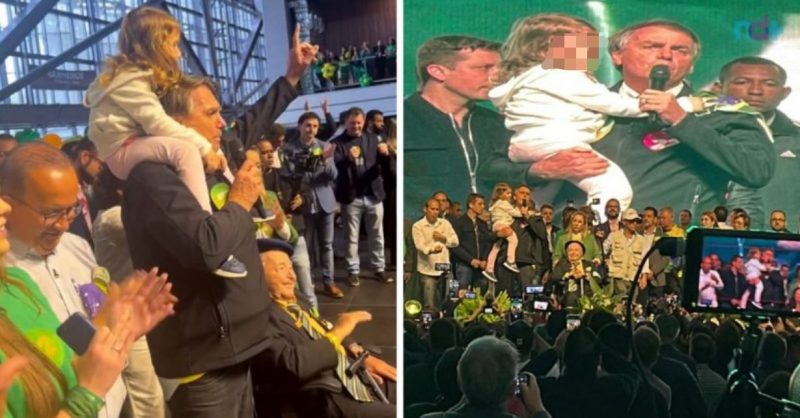Bolsonaro discursa em Balne&aacute;rio Cambori&uacute; com crian&ccedil;a no colo – Foto: Reprodu&ccedil;&atilde;o/Internet/Kassia Salles/ND