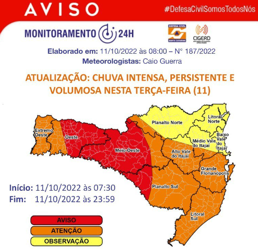 &aacute;reas do mapa mostram avan&ccedil;o da chuva em Santa Catarina – Foto: Secom Itaja&iacute;/Divulga&ccedil;&atilde;o